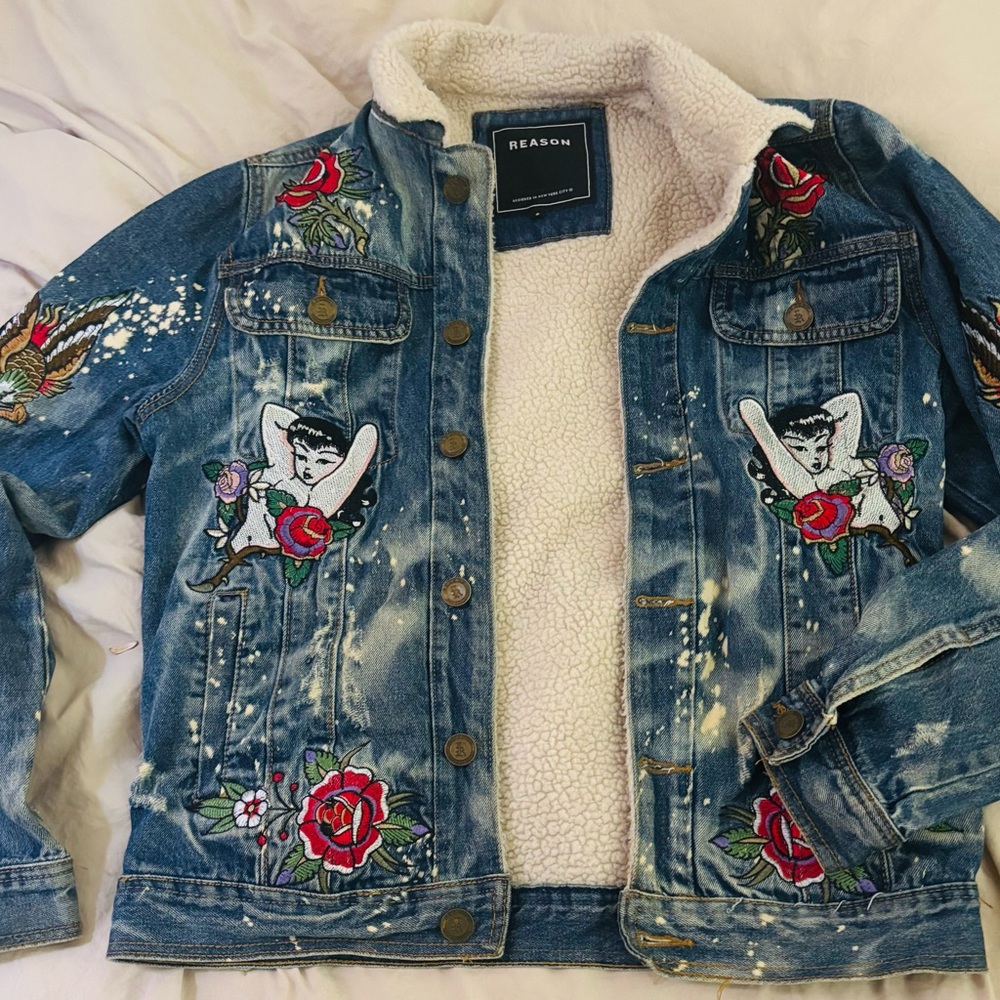 Reason Women's Blue Denim Jacket with Artistic Embroidery